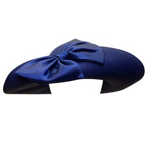 Vintage Gwenn Pennington Womens Blue Wool Wide Brim Hat Ribbon Bow Accent
